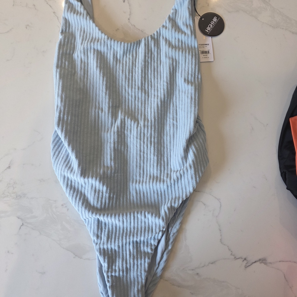 AmuseSociety Light Blue Ribbed Swimsuit - Picture 1 of 3